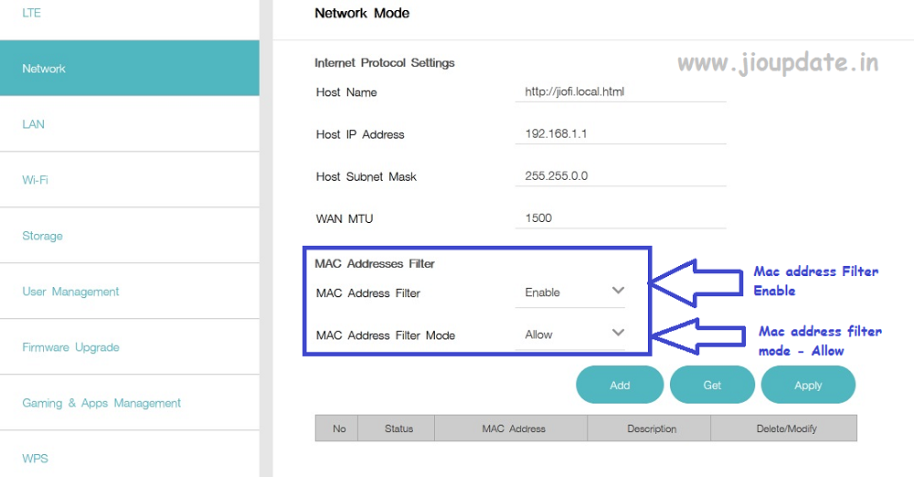 enable mac address filter mode on jiofi